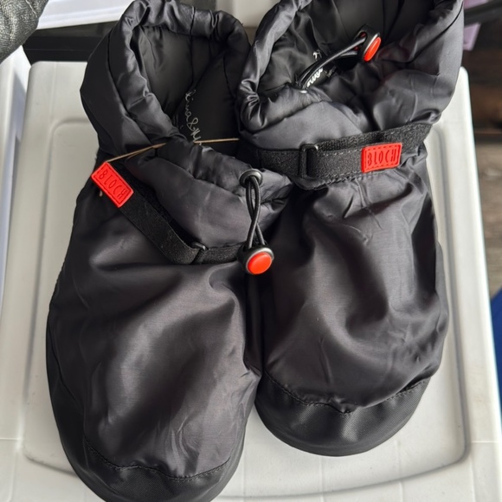 Black Quilted Slip-On Warm Up Booties with Red Accents